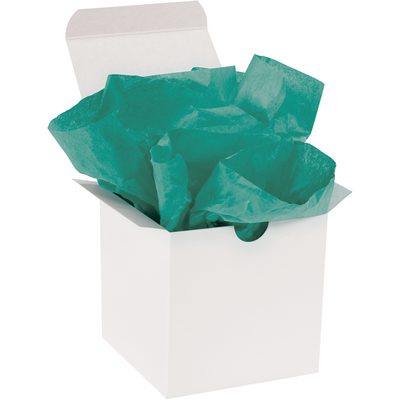 T2030O.jpg A white gift box with a partially open lid reveals crumpled MH-USA 20 x 30 Teal Gift Grade Tissue Paper (480 Sheets). The elegant teal contrasts beautifully against the plain white background, hinting at the surprise within.