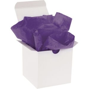 A white gift box open at the top, filled with MH-USA 20 x 30 Purple Gift Grade Tissue Paper (480 Sheets) for a touch of elegance.