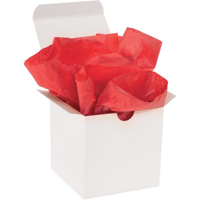 T2030V.jpg A white gift box is elegantly filled with crumpled red tissue paper from the MH-USA 20 x 30 Mandarin Red Gift Grade Tissue Paper (480 Sheets) collection.