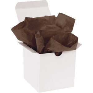 A white open box displays crumpled MH-USA 20 x 30 Brown Gift Grade Tissue Paper (480 Sheets) from a slightly elevated angle, with its top flaps open.