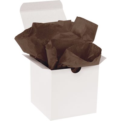 T2030Y.jpg A white open box displays crumpled MH-USA 20 x 30 Brown Gift Grade Tissue Paper (480 Sheets) from a slightly elevated angle, with its top flaps open.