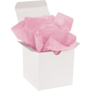An open white gift box reveals crumpled MH-USA 20 x 30 Dark Pink Gift Grade Tissue Paper (480 Sheets), adding elegance with its vibrant hue.