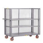 The gray metal cart, similar to the Little Giant 3-Sided Adjustable Shelf Trucks with mesh sides, includes three shelves and four orange and gray wheels. Its open design allows easy access and visibility of contents.