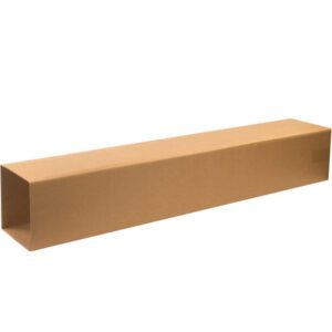 A long, brown MH-USA 8 x 8 x 48 Double Wall Telescoping Inner Box rests on a white background, open on one end. Its simple design is ideal for packaging or shipping elongated items securely and efficiently. Comes in bundles of 15.