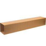 The MH-USA 8 3/4 x 8 3/4 x 48 double wall telescoping outer box, made of light brown corrugated cardboard, is open on one end, revealing its empty interior. Perfect for shipping or storage, it comes in bundles of fifteen.