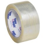 The 2 x 55 yds. Clear Tape Logic® Lbs1000 Economy Tape, featuring a glossy, semi-transparent finish with a white core and blue/red text, is available in a convenient 6-pack for all your packing needs.