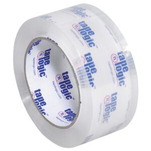 The 2 x 55 yds. Pure Clear Tape Logic® Lbs310CC tape offers unparalleled transparency and a glossy finish, showcasing its signature blue and red logo. It is tightly wound and available in cases of 36 rolls, perfect for any packing need.