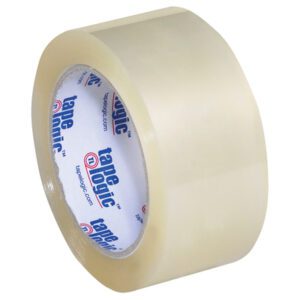 A roll of 2 x 55 yds. Clear Tape Logic® Lbs350 Industrial Tape is labeled with Tape Logic and website details in blue and red on a white background. Available in cases of 36 rolls to meet all your packing needs.