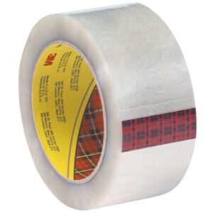 A roll of 2 x 55 yds. Clear Scotch® Box Sealing Tape 355, featuring a yellow core and red/black plaid pattern, is partially unrolled to reveal its glossy adhesive side.