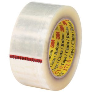 A roll of 2 x 55 yds. Clear Scotch® Box Sealing Tape 371 features a red plaid stripe, with 3M in bold red on the inner core. Ideal for securing packages, it comes in a case of 36 rolls.