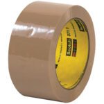 A glossy brown roll of 2 x 55 yds. Tan Scotch® Box Sealing Tape 371 with a yellow Scotch branded plaid inner label, wound on a cylindrical cardboard core, is ideal for efficient package securing.