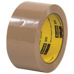 The 2 x 55 yds. Tan Scotch® Box Sealing Tape 373 (6 Pack) is perfect for sealing boxes and packages, featuring a glossy finish and a yellow inner core with Scotch 373 branding.