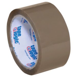 A case contains 36 rolls of 2 x 55 yds tan Tape Logic® Lbs400 industrial tape, featuring a white interior and an inner label with tape logic in blue and red for your heavy-duty packing needs.