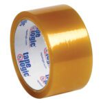 A 2 x 55 yds. roll of Tape Logic® Lbs51 Natural Rubber Tape, part of a 6 Pack, has a clear finish and displays its brand on the inner ring, with a portion unrolled to show its adhesive side.