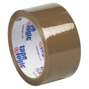 The 2 x 55 yds. Tan Tape Logic® Lbs53 PVC Natural Rubber Tape (36 Rolls/Case) shines with a glossy surface and smooth texture, while the bold blue and red label inside attests to its quality.