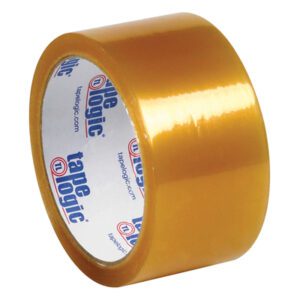 A 2 x 55 yds. Clear Tape Logic® Lbs57 Natural Rubber Tape roll with a glossy finish stands upright, showcasing the brand on the inner core for guaranteed quality.