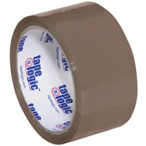 A case of 36 rolls of 2 x 55 yds. Tan Tape Logic® Lbs600 Economy Tape with a glossy finish is perfect for sealing boxes. The inner label displays tape logic in blue and red.