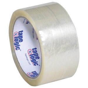 The 2 x 55 yds. Clear Tape Logic® Lbs700 Economy Tape features a white cardboard core with blue and red branding, a slight gloss on its white background, and is perfect for bulk needs, packaged as 36 rolls per case.