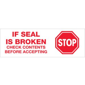 The red octagonal stop sign safety label reads, Stop If Seal Is Broken Check Contents Before Accepting in bold red. Ideal for use with 2 x 55 yds. Stop If Seal Is Broken... Tape Logic® Messaged Carton Sealing Tape (36 Rolls/Case).