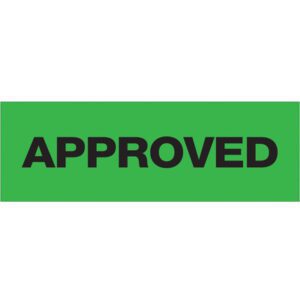 The image showcases a green rectangular sign with APPROVED in bold black, similar to the clear messaging on rolls of 2 x 55 yds. Tape Logic® Messaged Carton Sealing Tape (36 Rolls/Case).