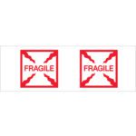 Two red Fragile labels appear side by side on a white background, marked with jagged lines and FRAGILE center. These 2 x 55 yds. - Fragile (Box) Tape Logic® tapes provide clear warnings, ideal for sealing boxes needing careful handling.