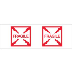 Two red Fragile labels appear side by side on a white background, marked with jagged lines and FRAGILE center. These 2 x 55 yds. - Fragile (Box) Tape Logic® tapes provide clear warnings, ideal for sealing boxes needing careful handling.