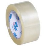 A roll of 2 x 110 yds. Clear Tape Logic® Lbs220 Industrial Tape (36 Rolls/Case) is elegantly displayed with its inner side revealing the tape logic label against a pristine white background.