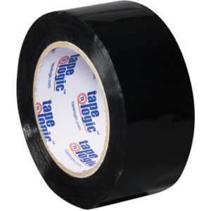 The 2 x 110 yds. Black Tape Logic® Carton Sealing Tape (36/Case) is showcased with its glossy finish and visible inner label, angled against a plain backdrop to highlight its quality and durability, perfect for all sealing needs.