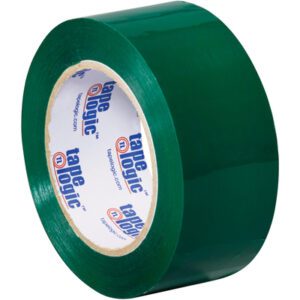 An 18-pack of Tape Logic® Green packaging tape (2 x 110 yds.) with the brand logo on the inner ring; its gloss finish and upright stance emphasize its wide and lengthy reliability for bulk carton sealing.