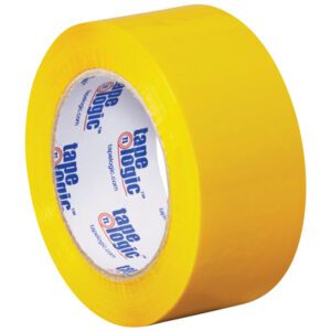 An 18-pack of 2 x 110 yds. Yellow Tape Logic® Carton Sealing Tape stands upright, showcasing its glossy finish and width, with Tape Logic prominently displayed on its core.