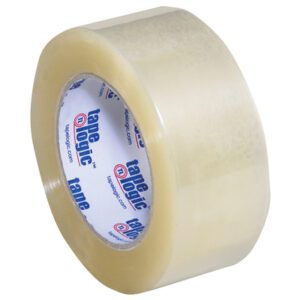 A partially unrolled 2 x 110 yds. Clear Tape Logic® Lbs291 industrial tape, with core branding visible and adhesive surface against a white backdrop, is ideal for bulk needs and sold in cases of 36 rolls.