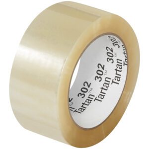 A roll of 2 x 110 yds. Clear Tartan™ Box Sealing Tape 302 (36/Case) features the brand name on the inner core and provides durability and a perfect seal for packaging needs.
