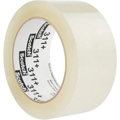 T902311S.jpg This 2 x 110 yds. Clear Scotch® Box Sealing Tape 311+ (36 Rolls/Case) features glossy, transparent tape with black logos and 311+ printed on the core, ideal for packaging.