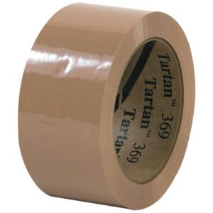 A neatly wrapped roll of tan Tartan™ Box Sealing Tape 369, sized at 2 x 110 yds., with a smooth glossy finish and text inside the core, is featured. Available in a convenient (6 Pack) for your packing needs.