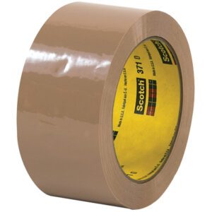 The 6-pack of 2 x 110 yds. Tan Scotch® Box Sealing Tape 371 features a glossy surface, with the iconic plaid design on the inner core displaying the brand name, and is partially unrolled with its adhesive side tucked inward.