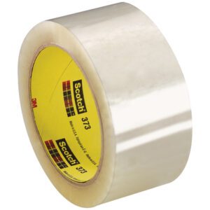 A roll of clear 2 x 110 yds. Scotch® Box Sealing Tape 373 from the Clear (6 Pack) is elegantly angled against a white background, displaying its yellow inner core and brand logo.