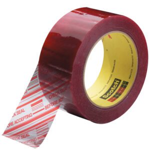 A partially unwound 2 x 110 yds. roll of red security tape with a transparent section, bold white CHECK SEAL BEFORE ACCEPTING text, and a yellow inner core displaying the brand label for Clear 3M Security Message Box Sealing Tape 3779 (36/Case).