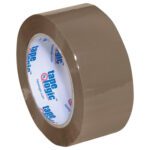 A partially unrolled roll of 2 x 110 yds. tan Tape Logic® Lbs400 industrial tape, with a reflective surface, reveals blue and red branding on white inside. Available in cases of 36 rolls.