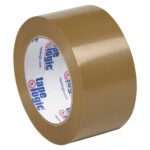 The 2 x 110 yds. Tan Tape Logic® Lbs53 PVC Natural Rubber Tape, featuring a white core with tape logic in bold blue and red, is perfect for secure packing and showcased against a white background. Comes in a case of 36 rolls.