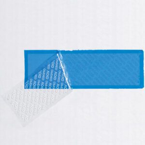 A 2 x 5 3/4 blue Tape Logic® Security Strip is displayed on a plain white background, with its tamper-proof label partially peeled to show VOID. Ideal for securing packages.