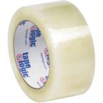 A partially unrolled 2 x 110 yds. Clear Tape Logic® Lbs6651 Cold Temperature Tape with a glossy finish, featuring blue and red tape logic text and URL on the inner core. Sold as a part of a 6 Pack.