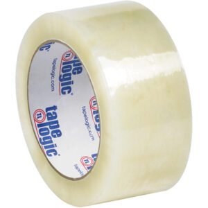 A partially unrolled 2 x 110 yds. Clear Tape Logic® Lbs6651 Cold Temperature Tape with a glossy finish, featuring blue and red tape logic text and URL on the inner core. Sold as a part of a 6 Pack.
