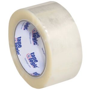 The 2 x 110 yds. Clear Tape Logic® Lbs700 Economy Tape has a white core with blue and red text/logo, features a slightly glossy finish for strong adhesion, and is available in cases of 36 rolls.
