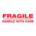 A white rectangular label with bold red text says FRAGILE on top and HANDLE WITH CARE below, similar to the 2 x 110 yds. Tape Logic® Messaged Carton Sealing Tape labeled Fragile Handle With Care.