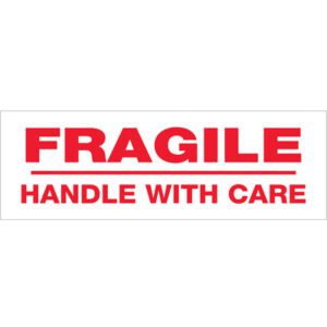 A white rectangular label with bold red text says FRAGILE on top and HANDLE WITH CARE below, similar to the 2 x 110 yds. Tape Logic® Messaged Carton Sealing Tape labeled Fragile Handle With Care.