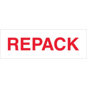The image features bold red REPACK letters on a white background, similar to Tape Logic® Messaged Carton Sealing Tape, which measures 2 x 110 yds., ensuring clear communication in packaging tasks.