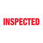 The image shows a white rectangular label with INSPECTED in bold red capitals, similar to the Tape Logic® Messaged Carton Sealing Tape (Inspected, 2 x 110 yds., 18 Pack).