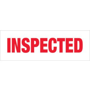 The image shows a white rectangular label with INSPECTED in bold red capitals, similar to the Tape Logic® Messaged Carton Sealing Tape (Inspected, 2 x 110 yds., 18 Pack).