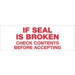 The 2 x 110 yds. Tape Logic® Messaged Carton Sealing Tape features a rectangular label with red text on a white background stating, IF SEAL IS BROKEN CHECK CONTENTS BEFORE ACCEPTING, and is available in a case of 36 rolls.