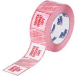 The MH-USA 2 x 110 yds. Tamper Evident Tape Logic Security Tape features red tape with white TAMPER EVIDENT TAPE labels, revealing a textured pattern and branding. Ideal for security, its available in cases of 36.